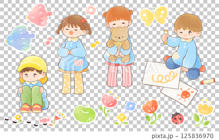 Set of cute watercolor illustrations of kindergarteners playing 125836970