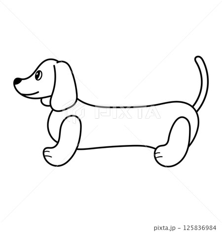 Cute Long Body Cartoon Dog Outline Vector Illustration. Black and white vector illustration of a cute cartoon dog with a long body, resembling a dachshund. 125836984
