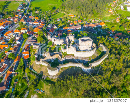 Stunning aerial view of the Rabi Castle ruins in Czechia, surrounded by lush greenery and quaint villages. Discover the historical architecture and scenic landscapes from this vantage point. Stunning aerial view of the Rabi Castle ruins in Czechia, surrounded by lush greenery and quaint villages. Discover the historical architecture and scenic landscapes from this vantage point. 125837097