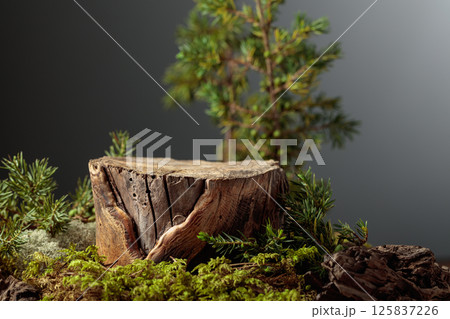 Composition with natural wood, moss and juniper branches. 125837226