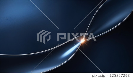 Dark blue silky fabric with a glossy, golden ribbon flowing diagonally, reflecting light with a bright highlight for a sleek, elegant aesthetic. 125837298