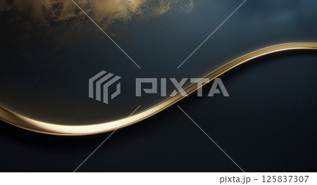 Dark blue silky fabric with a glossy, golden ribbon flowing diagonally, reflecting light with a bright highlight for a sleek, elegant aesthetic. 125837307