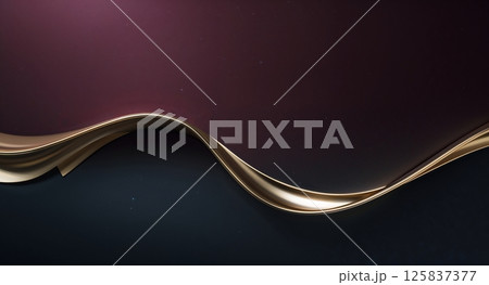 Curved golden light strip flows between deep red and dark green smooth surfaces, creating a sleek, modern, and elegant abstract composition. 125837377