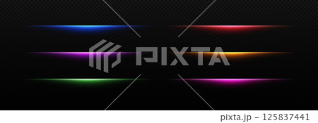 Neon light line with flare effect. Laser glow divider. Colorful led strips of blue, green and gold color. Vector set of futuristic sticks isolated on transparent background. Neon light line with flare effect. Laser glow divider. Colorful led strips of blue, green and gold color. Vector set of futuristic sticks isolated on transparent background. 125837441