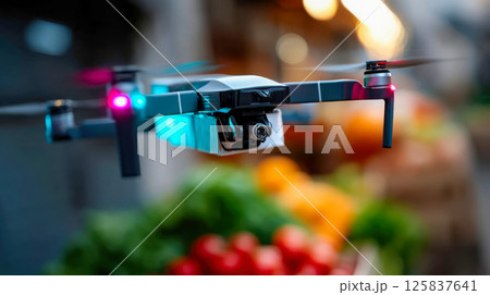 Close-up drone flying near fresh produce market, colorful bokeh background 125837641