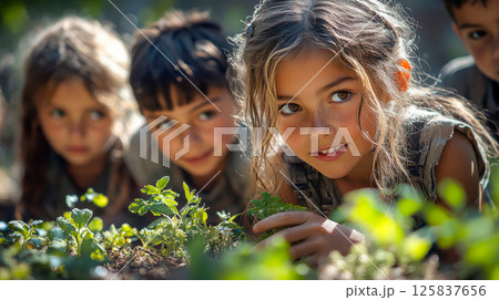 A group of smiling children exploring a garden together, learning and interacting with nature 125837656