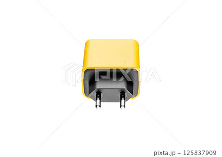 adapter for charger with USB and Type C connector, yellow, on isolated or white background adapter for charger with USB and Type C connector, yellow, on isolated or white background 125837909
