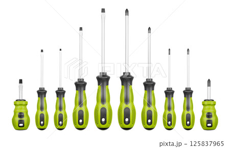 Set of Philips and flathead screwdrivers Green color on isolated white background Set of Philips and flathead screwdrivers Green color on isolated white background 125837965