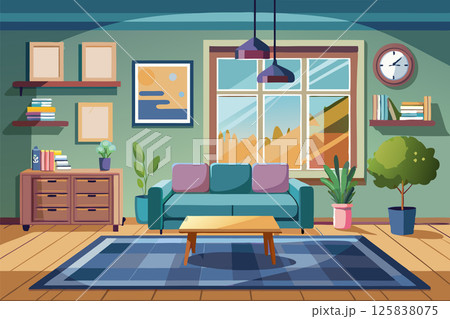 Cozy modern living room illustration with large windows, green walls, and stylish furniture 125838075