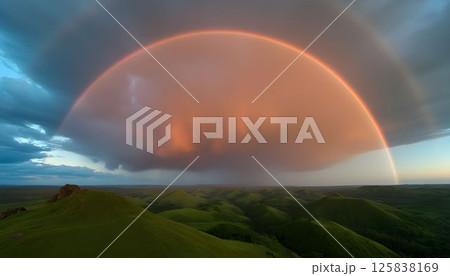 Double rainbow over stormy twilight hills 125838169