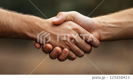 Close up Two Hands Shaking Showing Dirt and Texture Against Blurred Nature Background 125838423