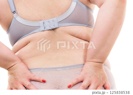 Plus size woman in lingerie back view. 125838538