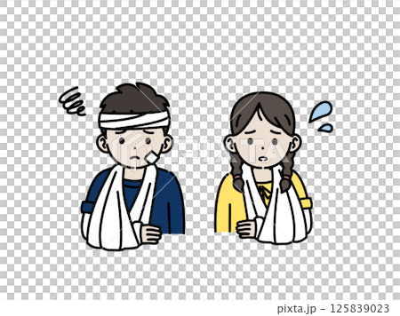 Illustration of a child with a broken arm and a cast 125839023