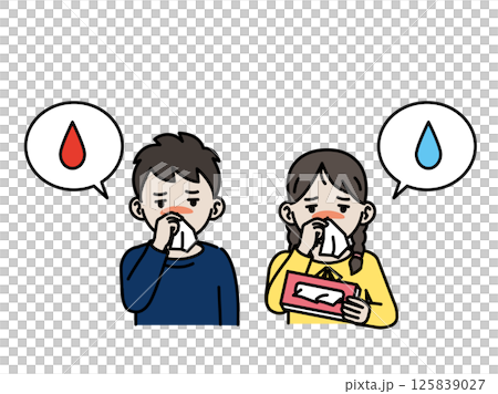 Illustration of a child with a nosebleed or runny nose 125839027
