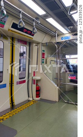 Interior View of Modern Light Rail Train with Safety Features and Passenger Handrails in Urban Public Transportation System 125839326