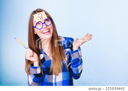 woman thinking light idea bulb on head, creative girl lots of ideas woman thinking light idea bulb on head, creative girl lots of ideas 125839442