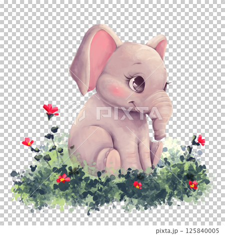Baby elephant sitting on grass with flowers, cute animal illustration Baby elephant sitting on grass with flowers, cute animal illustration 125840005