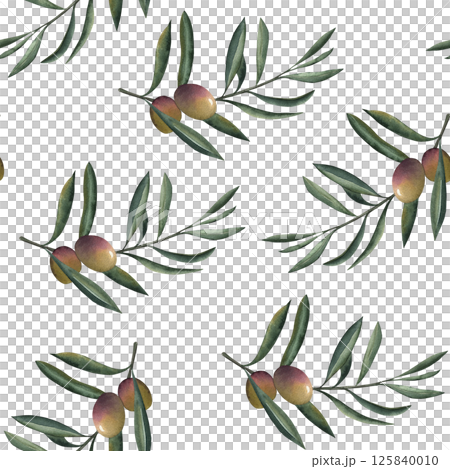 Seamless watercolor pattern with olive branches, green and purple olives and leaves. The illustration is hand-drawn in a botanical Mediterranean style for packaging design, fabrics, kitchen decoration Seamless watercolor pattern with olive branches, green and purple olives and leaves. The illustration is hand-drawn in a botanical Mediterranean style for packaging design, fabrics, kitchen decoration 125840010