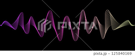 Abstract neon wavy dotted lines of the sound wave. Dynamic pulsating wave. Musical concept, symbols of the frequency of digital music. Vector illustration on a black background Abstract neon wavy dotted lines of the sound wave. Dynamic pulsating wave. Musical concept, symbols of the frequency of digital music. Vector illustration on a black background 125840169