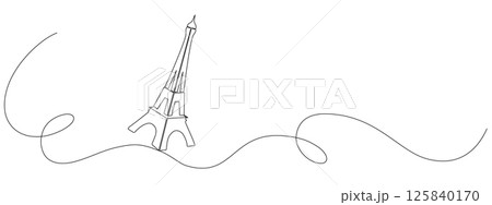 Eiffel tower of Paris in one continuous line. French urban architecture in simple linear style. Continuous editable outline. Vector illustration 125840170