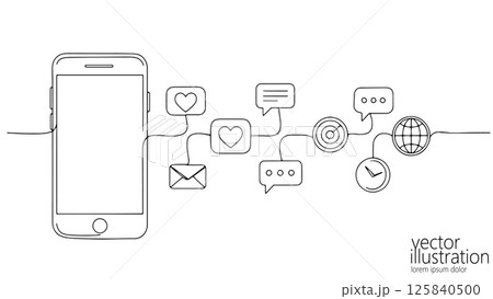 Smartphone connects with icons. Icons include heart, chat bubble, email, target, globe, clock. Digital marketing social media networking. Minimalist line art style with white background vector 125840500