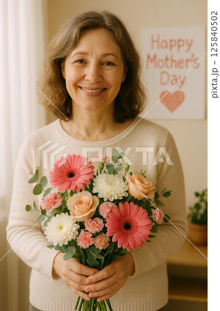 Smiling Woman Holding Flowers with Mother's Day Message in the Background 125840502