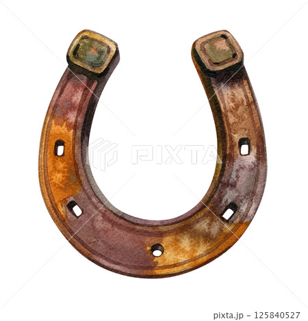 Watercolor Rustic horseshoe illustration. Watercolor hand painted illustration isolated on white background. 125840527