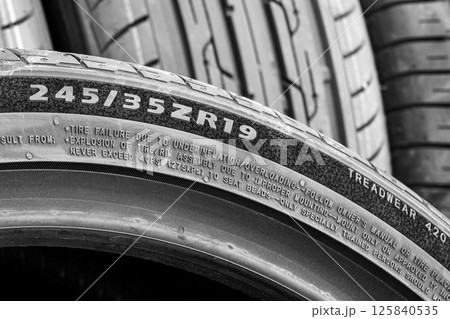 Side view of a tire with an indication of tire width, height, diameter and other quality indices Side view of a tire with an indication of tire width, height, diameter and other quality indices 125840535