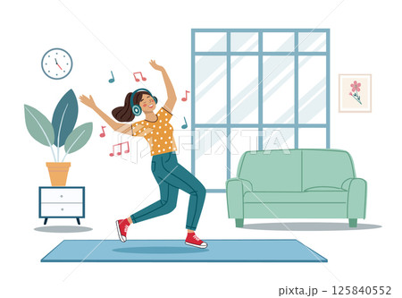 woman Enjoying Music Through Headphones and dancing. Poster or banner for website Flat cartoon style 125840552