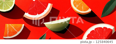 Bright citrus slices arranged artistically on a vibrant red background showcasing refreshing fruit colors and textures. 125840645