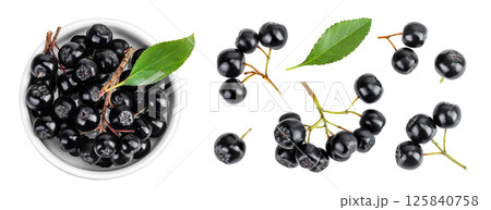 Chokeberry in ceramic bowl with leaf isolated on white background. Black aronia. Top view. Flat lay Chokeberry in ceramic bowl with leaf isolated on white background. Black aronia. Top view. Flat lay 125840758