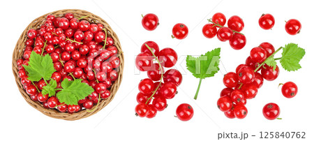 Red currant berries in a wicker basket with leaf isolated on white background. Top view. Flat lay Red currant berries in a wicker basket with leaf isolated on white background. Top view. Flat lay 125840762