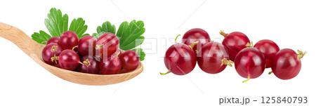Red gooseberry in wooden spoon isolated on white background with full depth of field. 125840793