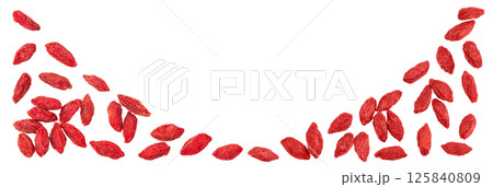 Dried goji berries isolated on white background. Top view with copy space for your text. Flat lay. 125840809