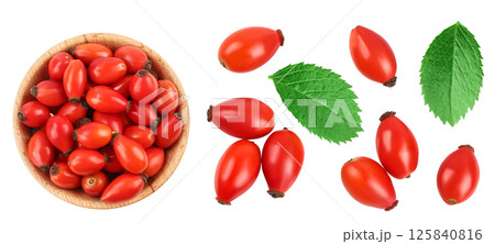 Rose hip in wooden bowl isolated on a white background with full depth of field. Top view. Flat lay. Rose hip in wooden bowl isolated on a white background with full depth of field. Top view. Flat lay. 125840816