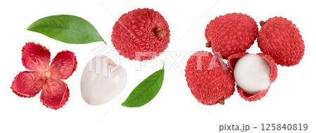 lychee fruit isolated on white background with full depth of field. Top view. Flat lay 125840819