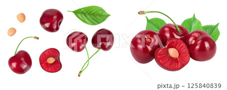 red sweet cherry isolated on white background . Top view. Flat lay red sweet cherry isolated on white background . Top view. Flat lay 125840839