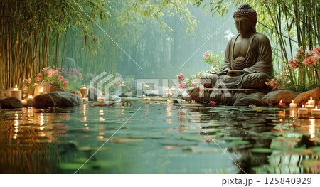 Tranquil Buddha Statue Surrounded by Candles and Flowers in a Serene Bamboo Garden Reflection 125840929