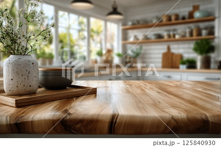 Attractive Wooden Countertop With Modern Decor in a Bright Kitchen Setting 125840930