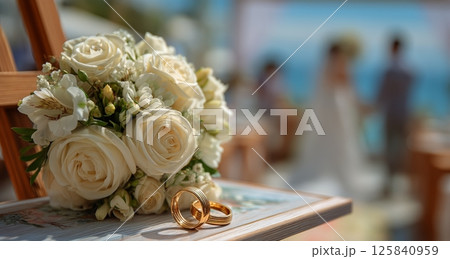 Wedding Rings and Bouquet at a Beach Ceremony With a Beautiful Ocean Backdrop During Sunset 125840959