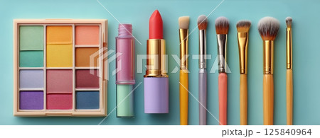 Makeup Tools and Cosmetics Arranged Neatly on a Blue Background During Daylight 125840964