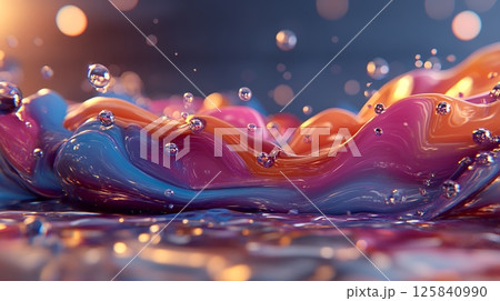 Abstract Multicolored Liquid Waves with Droplets on Reflective Surface Art Background Abstract Multicolored Liquid Waves with Droplets on Reflective Surface Art Background 125840990
