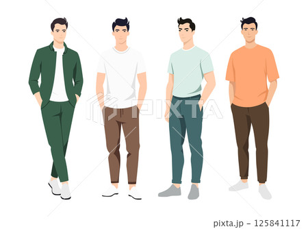 Men s Outfit Collection. A diverse illustration set featuring men in different fashionable outfits, from everyday casual wear to stylish business attire. 125841117