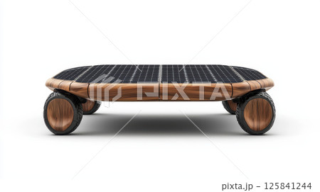 Solar panel covered wooden wheeled platform with sleek design 125841244