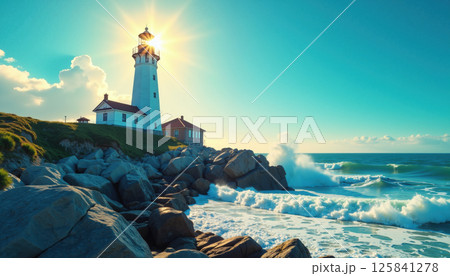 A lighthouse by the rocky shore during sunset. A lighthouse by the rocky shore during sunset. 125841278