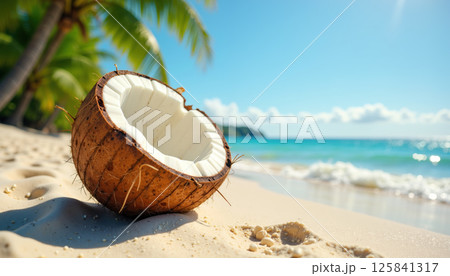 Tropical coconut on a sandy beach. 125841317