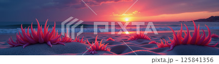 Vibrant sunset with red plants on the beach. 125841356