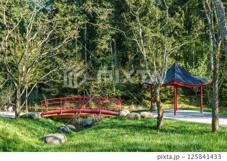 Asia garden in the World Forest, Weltwald in Freising near Munich in Bavaria, Germany. 125841433