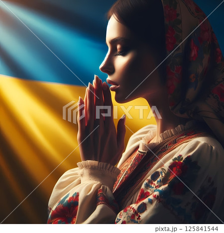 Woman praying in front of Ukrainian flag, traditional clothes, side profile 125841544