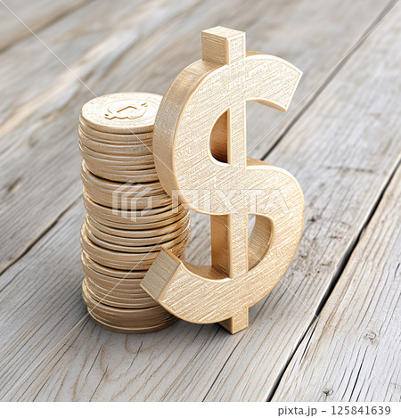 Gold dollar sign and coin stack on wooden background evoke wealth 125841639